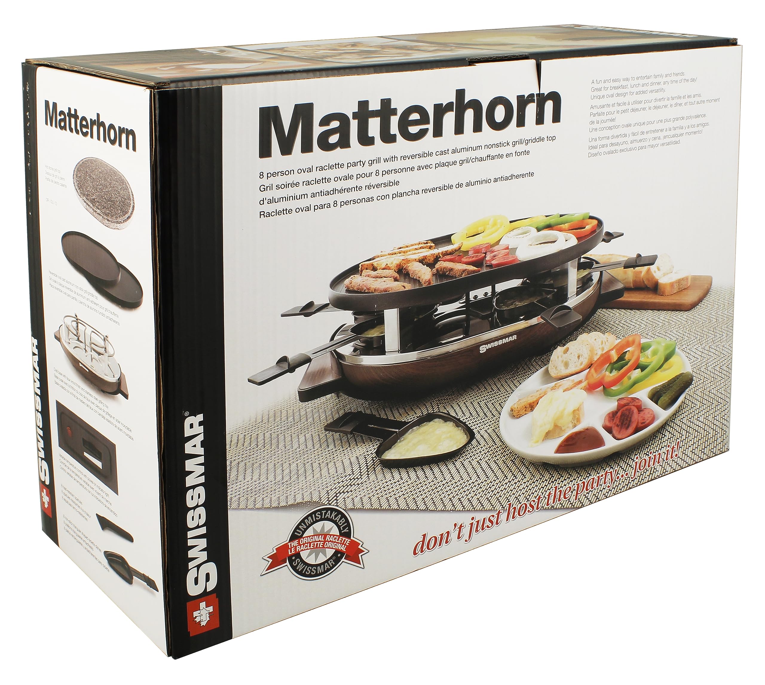 SwissMar KF-77068 8-Person Matterhorn Oval Raclette w/ Wood base, reversible cast aluminum Non-Stick grill plate