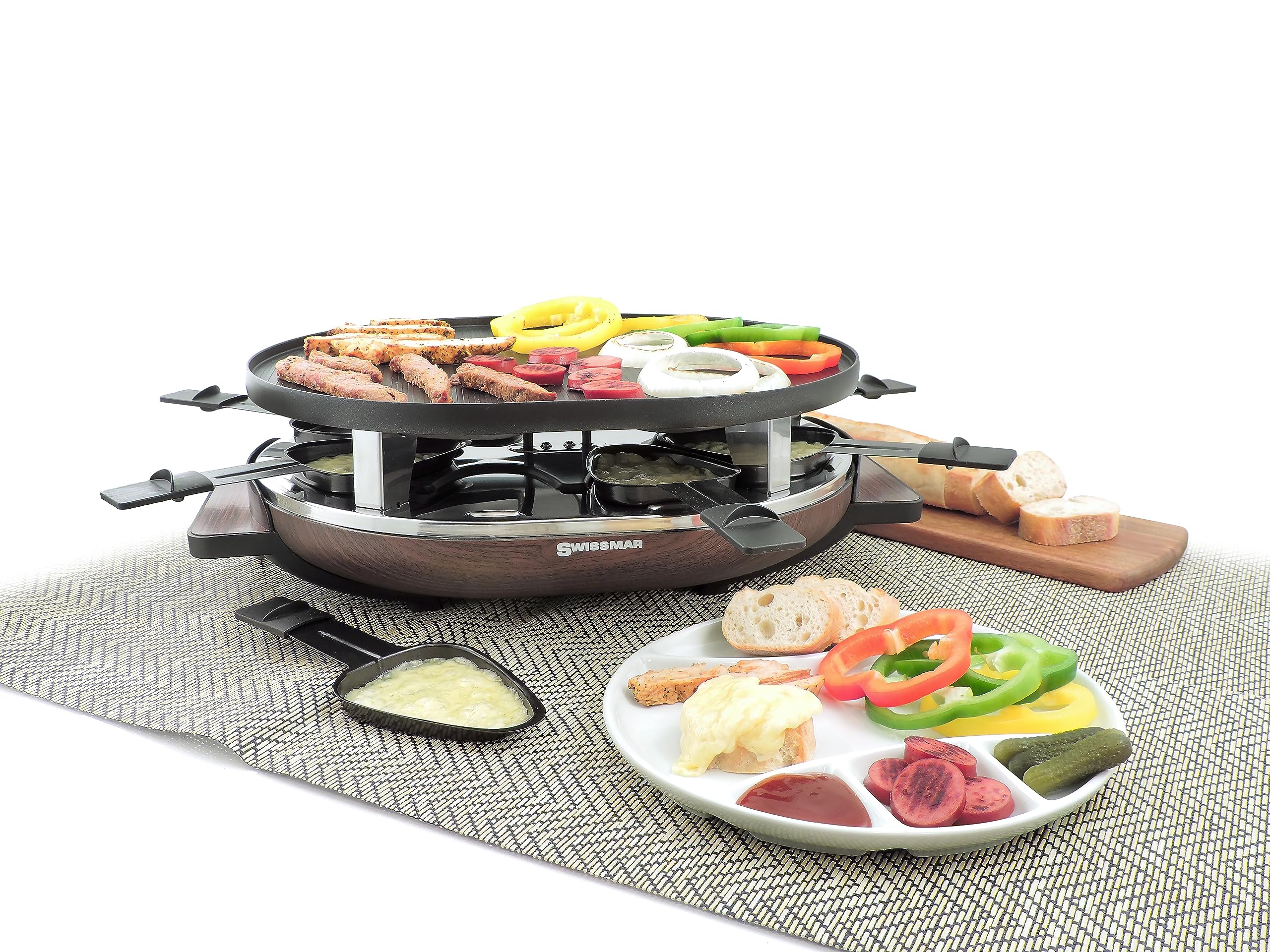 SwissMar KF-77068 8-Person Matterhorn Oval Raclette w/ Wood base, reversible cast aluminum Non-Stick grill plate