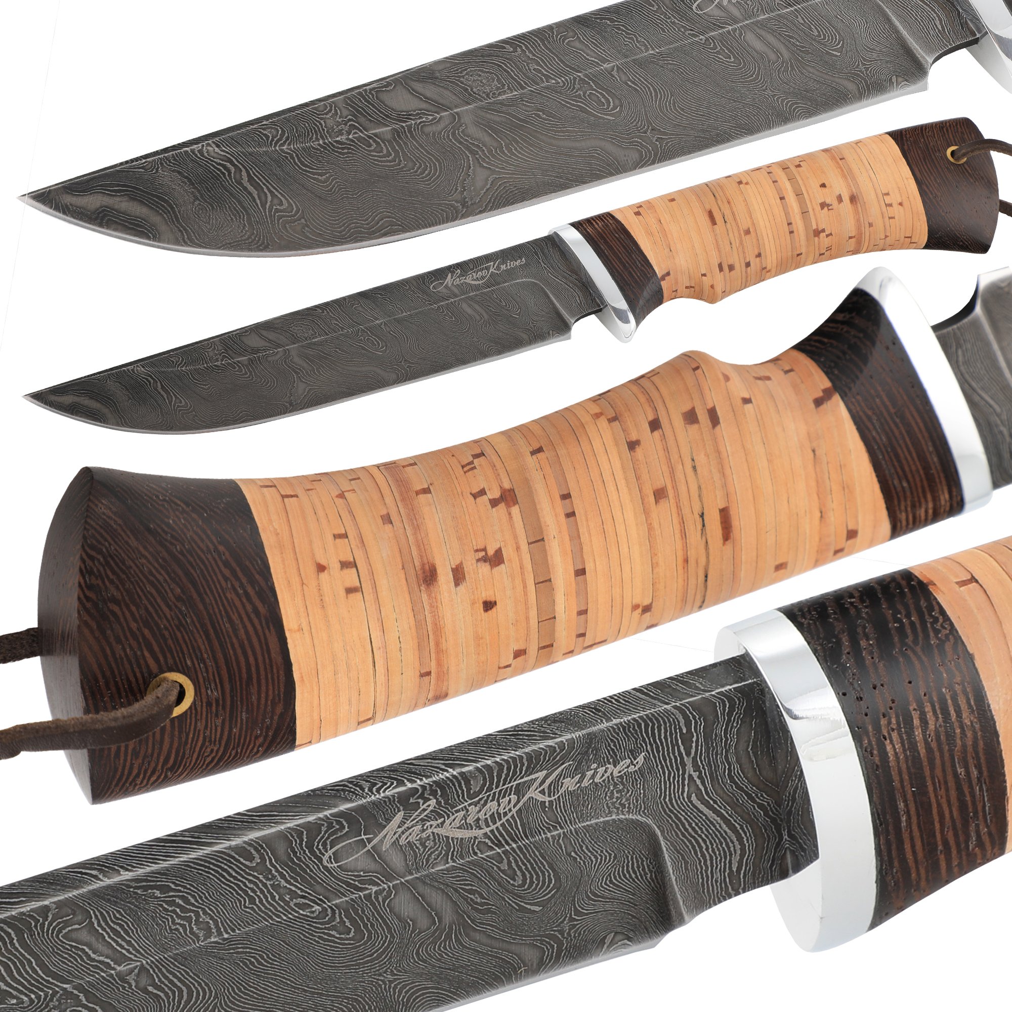 Nazarov Knives Damascus Steel Knife - Hunting Knife - Real Damascus - Birchbark - OVOD - Leather Sheath