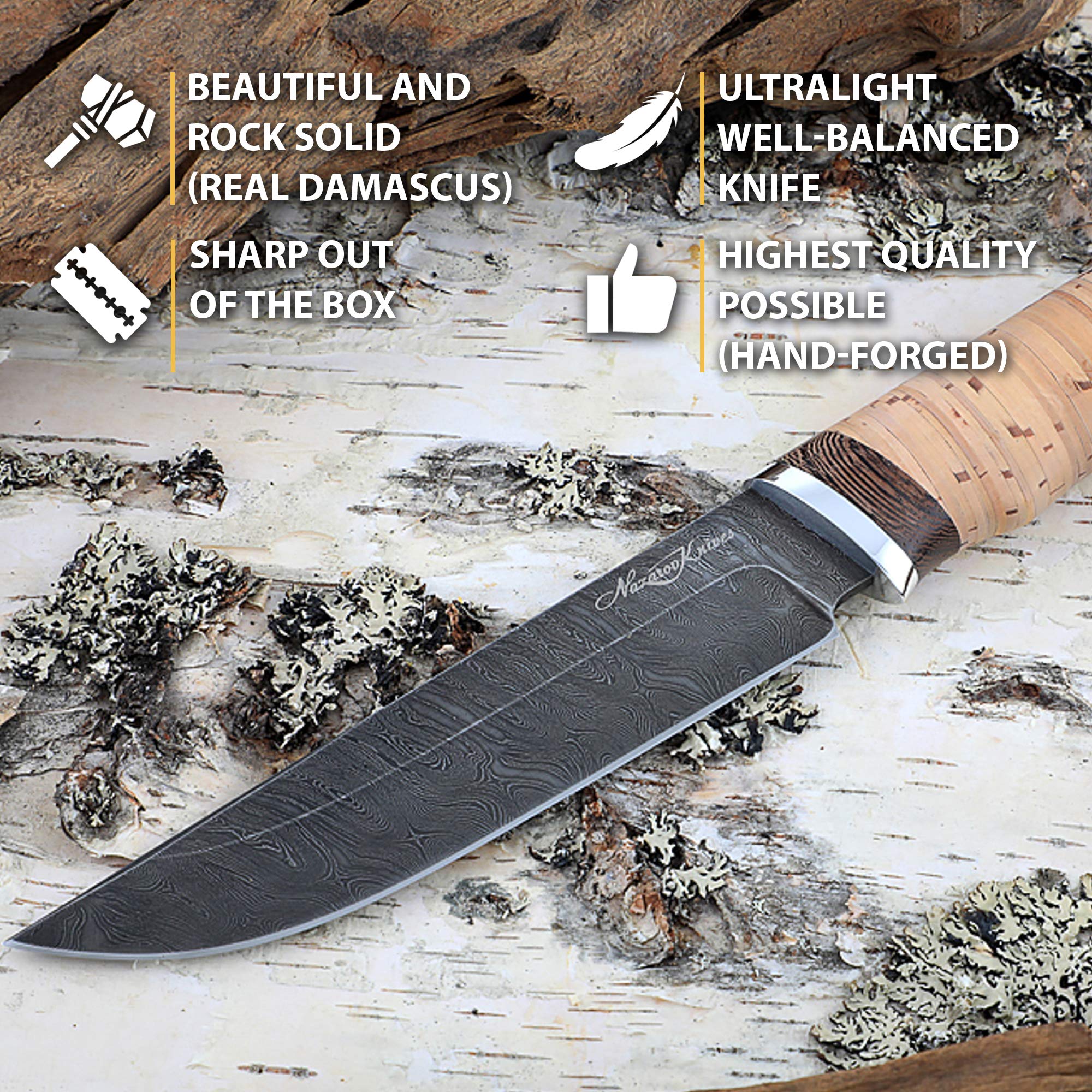 Nazarov Knives Damascus Steel Knife - Hunting Knife - Real Damascus - Birchbark - OVOD - Leather Sheath