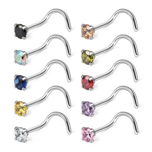 ruifan 10pcs 18g surgical steel mix color diamond cz nose stud rings screw piercing jewelry 3mm