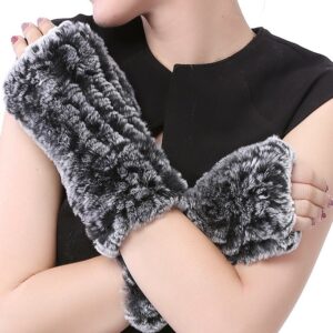 valpeak womens rabbit fur winter mittens knitted fingerless gloves(snowtop black)