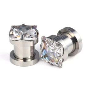 ruifan 316l surgical steel single flare prong set clear square cz screw ear stretcher expander plugs piercing gauge 0g(8mm)- sold as a pair