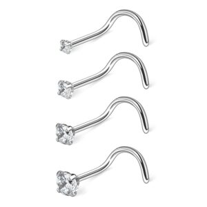 Ruifan 4PCS 18G 316L Surgical Steel 1.5mm 2mm 2.5mm 3mm Clear Round Diamond Cubic Zirconia Crystal Nose Screw Studs Rings Piercing Jewelry - Silver