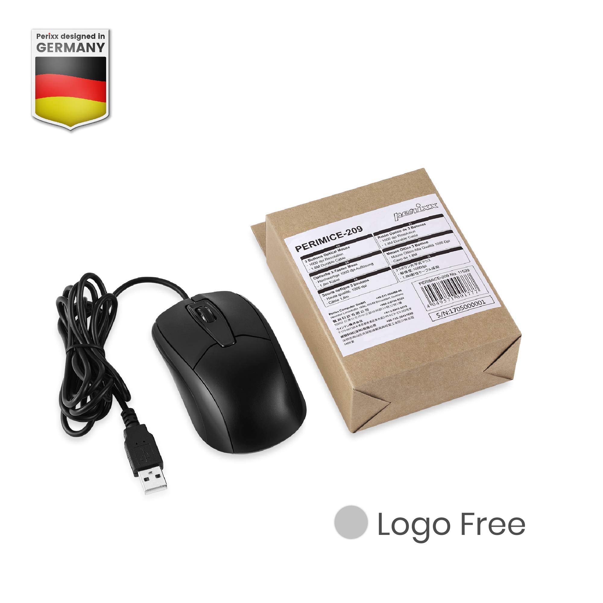 Perixx PERIMICE-209 3 Button USB Wired Mouse - Optical - 1000 DPI - 5.9 Ft Cable - Black