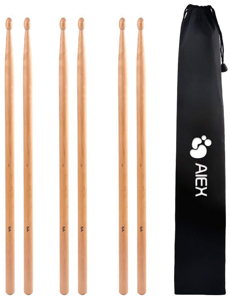 5A Drumsticks, AIEX 3 Pair Drum Sticks Classic Maple Wood Drumsticks Wood Tip Drumstick for Students and Adults (with Waterproof Bag)