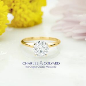 14K Yellow Gold Forever One Moissanite from Charles & Colvard Solitaire Engagement Ring For Women (1.00 Cttw, Round 6.5MM, Available In Size 5, 6, 7, 8, 9)