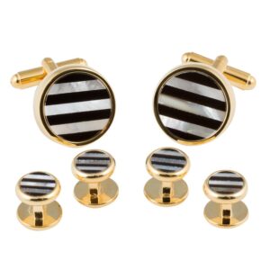 Cuff-Daddy Striped Onyx and Mother of Pearl Gold Cufflinks and Studs Round Formal Set with Presentation Gift Box Unique Fashion Designed French Cuff Links Mens Wedding Business Best Gifts for Men