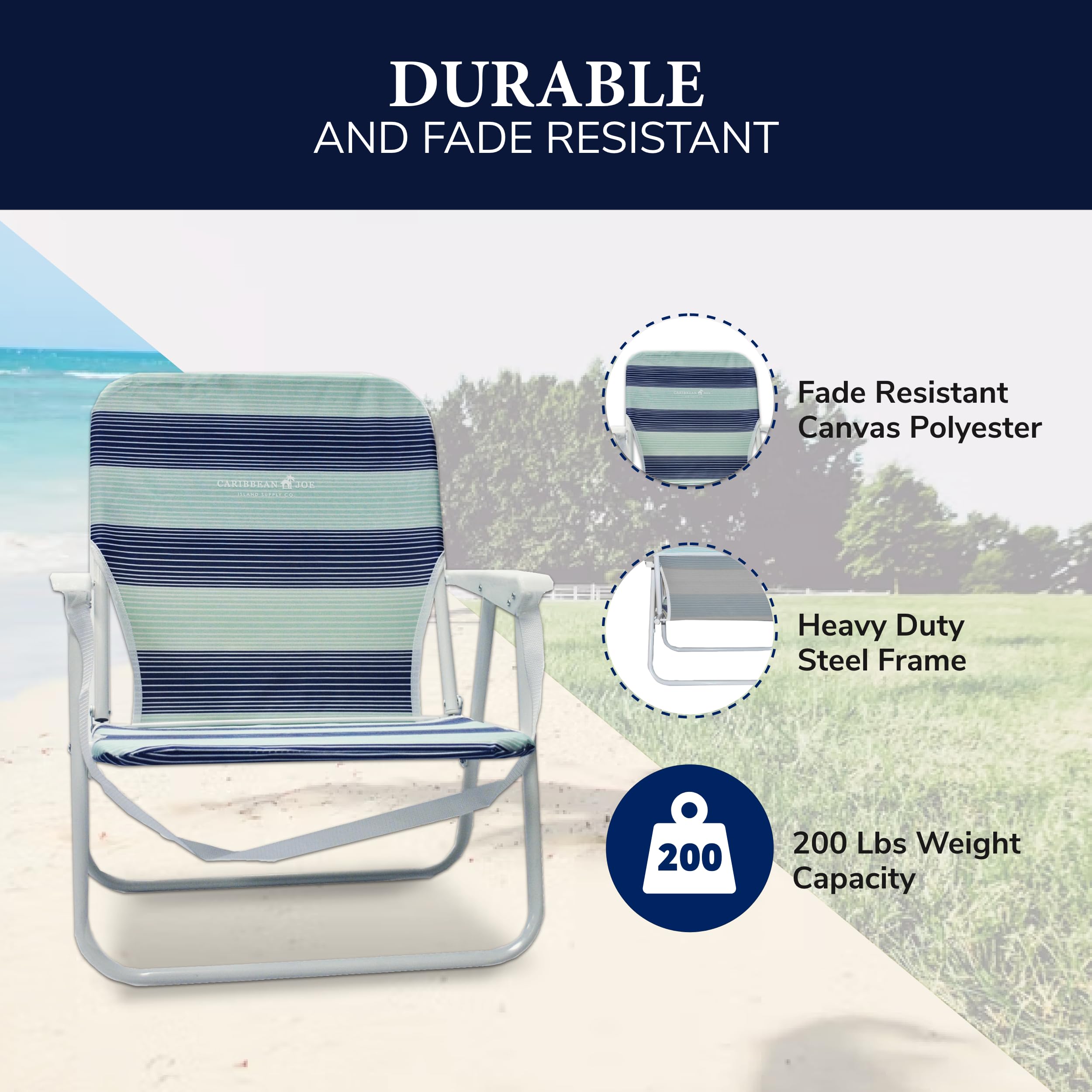 Caribbean Joe Folding Beach Chair, 1 Position Lightweight and Portable Foldable Outdoor Camping Chair with Carry Strap, Horizon Stripe