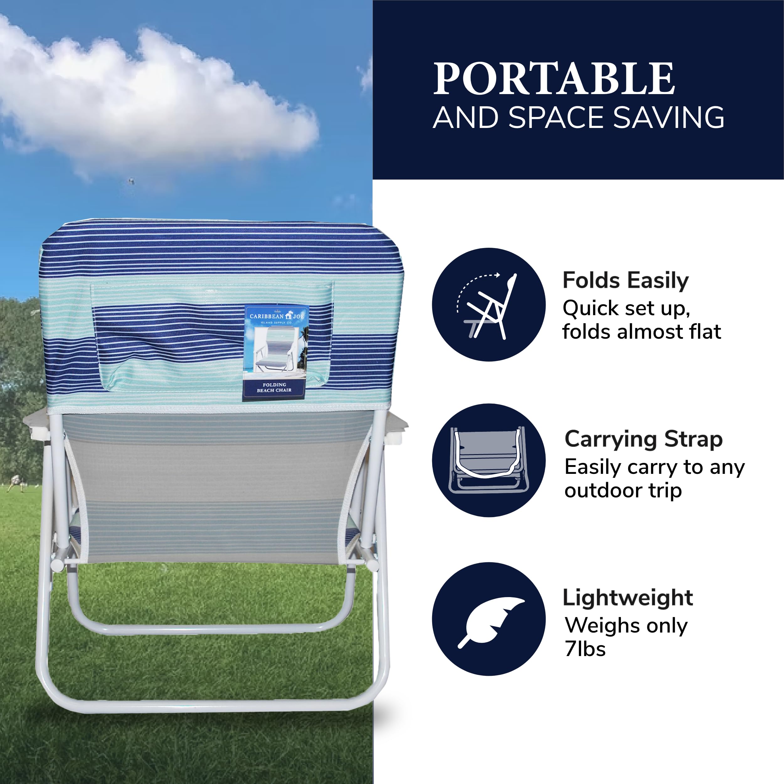 Caribbean Joe Folding Beach Chair, 1 Position Lightweight and Portable Foldable Outdoor Camping Chair with Carry Strap, Horizon Stripe