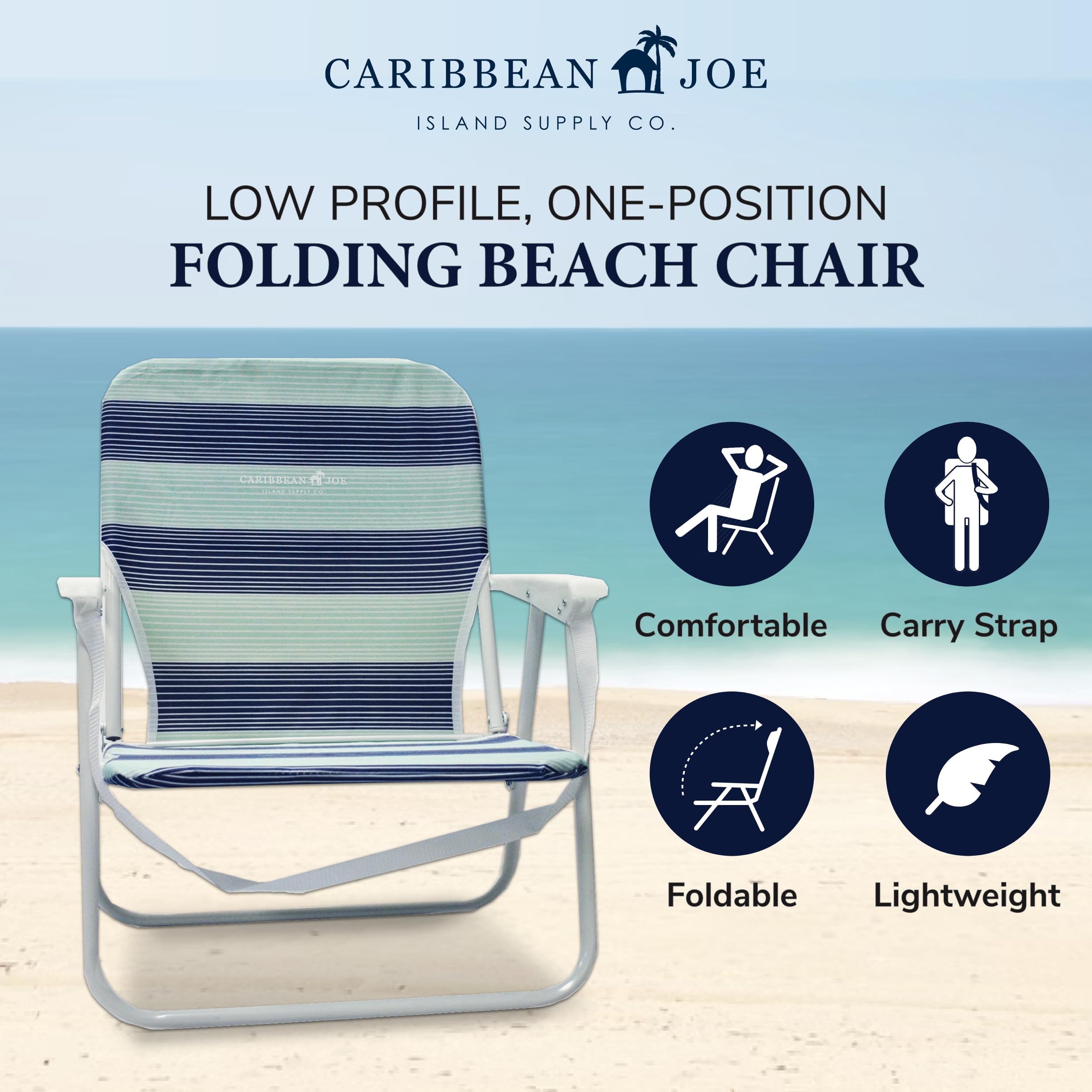 Caribbean Joe Folding Beach Chair, 1 Position Lightweight and Portable Foldable Outdoor Camping Chair with Carry Strap, Horizon Stripe