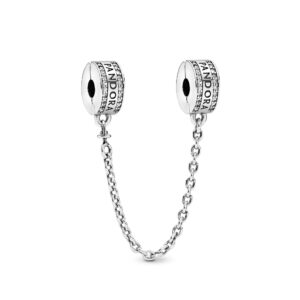 PANDORA Pandora Logo Safety Chain Charm, Sterling Silver, Clear Cubic Zirconia, 2 IN