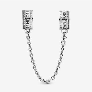 PANDORA Pandora Logo Safety Chain Charm, Sterling Silver, Clear Cubic Zirconia, 2 IN