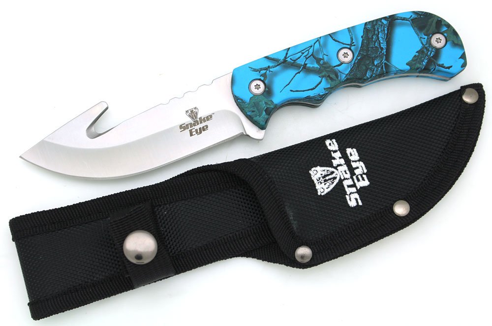 Snake Eye Tactical Skinner Fixed Blade Knife w/Gut Hook Blade 8.5" Overall Camping Hunting Fishing Outdoors (Blue)