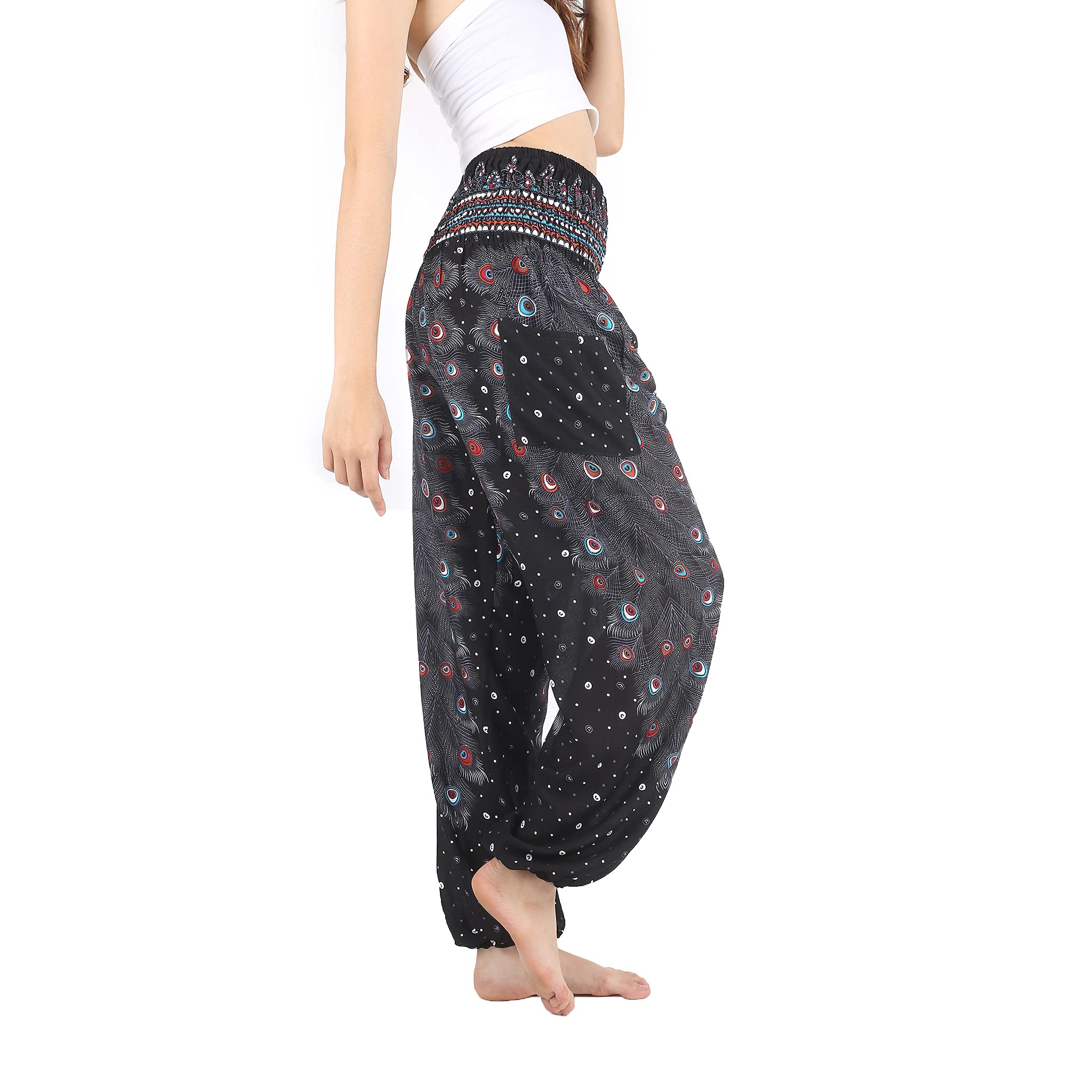 Boho Pants Harem Pants Yoga Trousers for Woman Bohemian Beach Pants (Plumes Black, Medium)