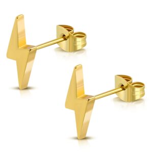 Gold Plated Stainless Steel Lightning Bolt Flash Thunder Button Stud Post Earrings