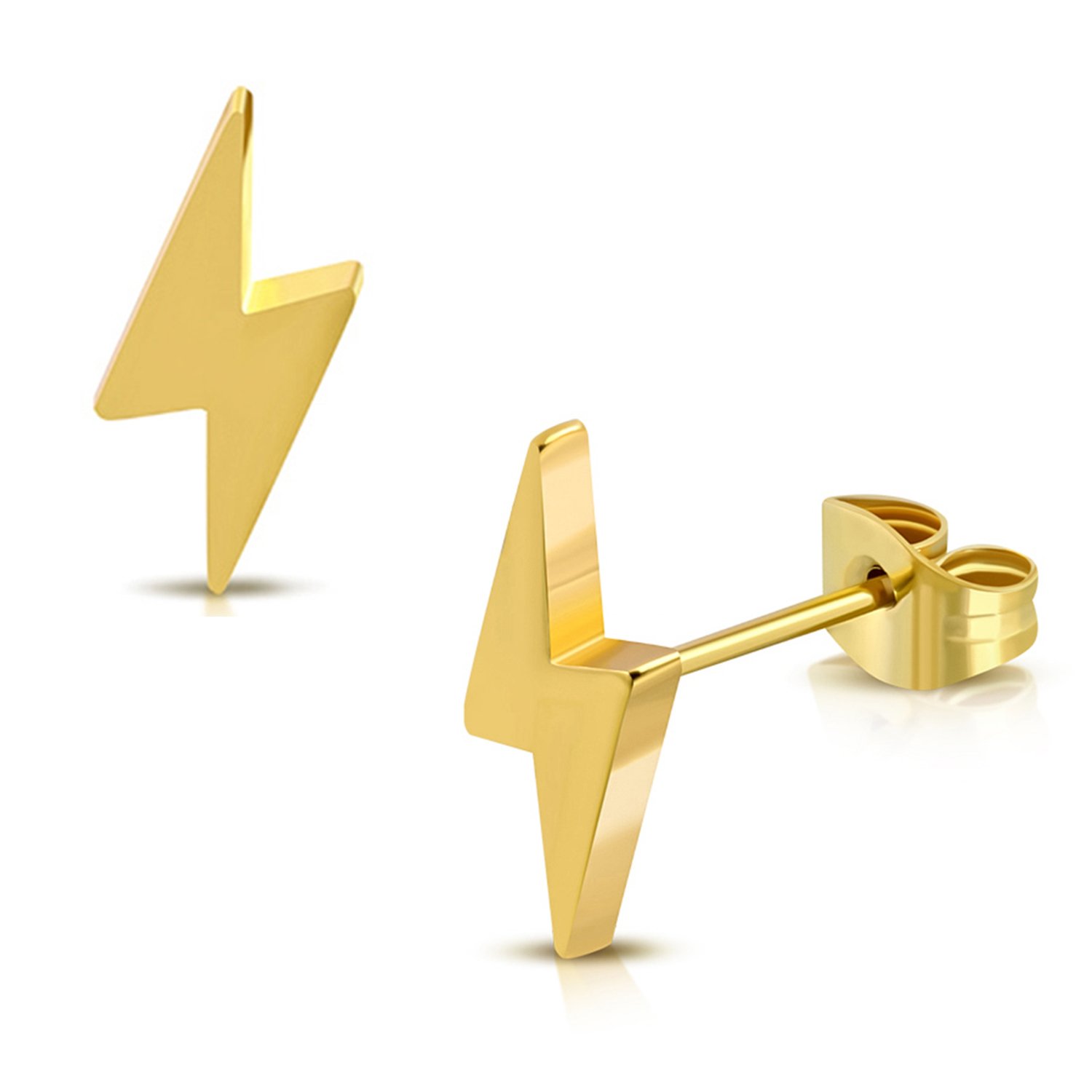 Gold Plated Stainless Steel Lightning Bolt Flash Thunder Button Stud Post Earrings