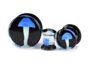 mystic metals body jewelry glass plugs with blue mushroom - sold as a pair (5/8" (16mm))