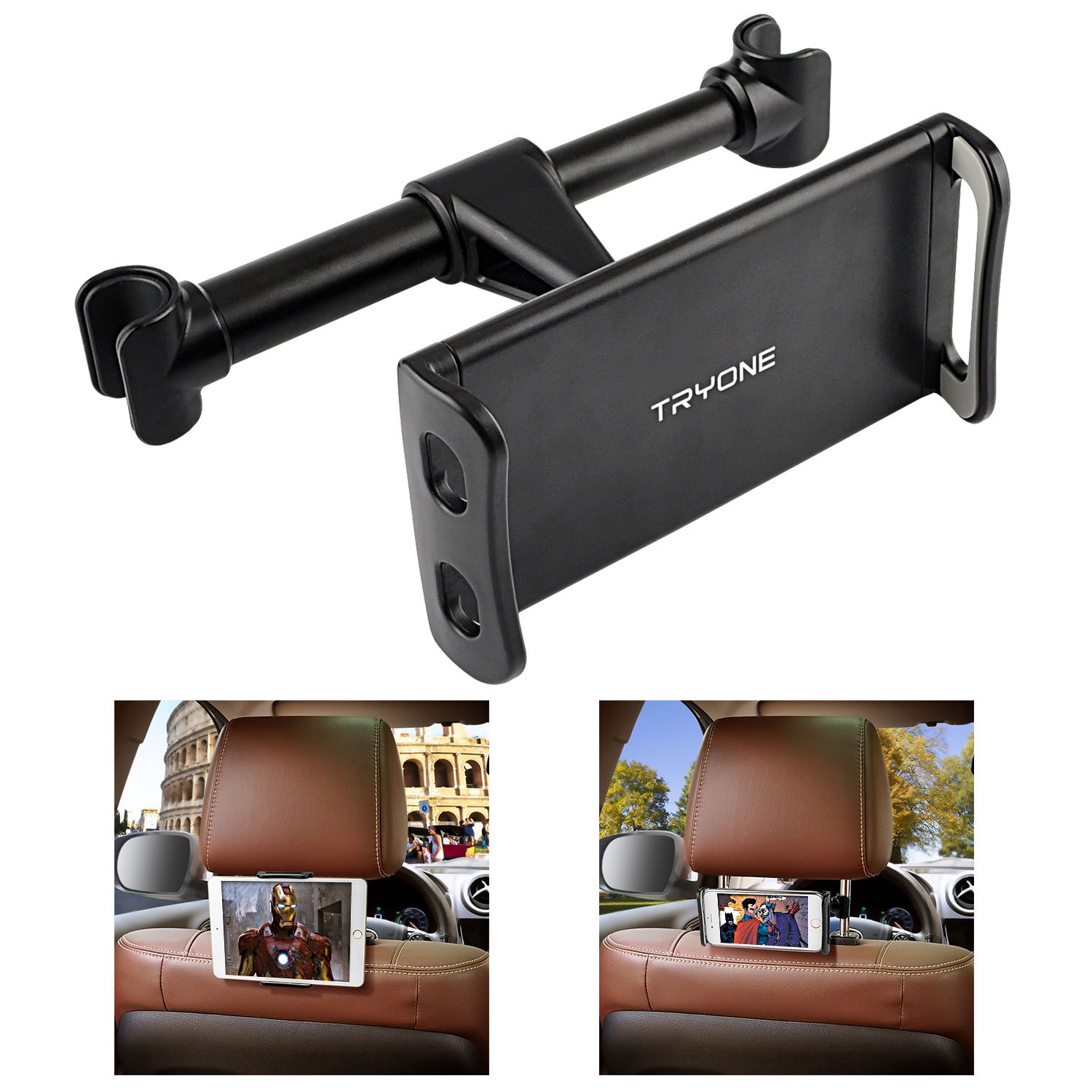 Tryone Universal Car Headrest Tablet Holder for 4.7-12.9 Inch Devices - Sturdy, Easy Installation, 360 Rotation, Foldable Design