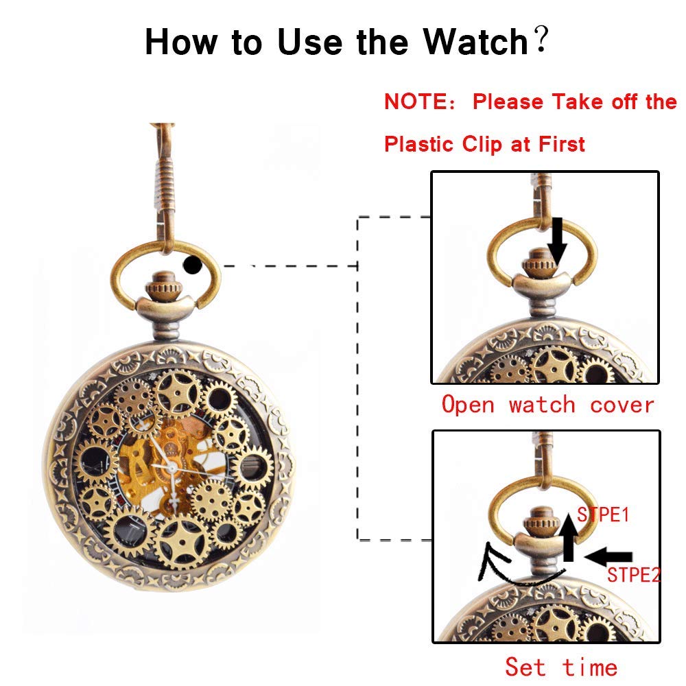 BOSHIYA Vintage Mechanical Pocket Watches for Men Steampunk Skeleton Pocket Watch with Chain Bronze Roman Numberals Pocketwatch Gifts for Fathers Day