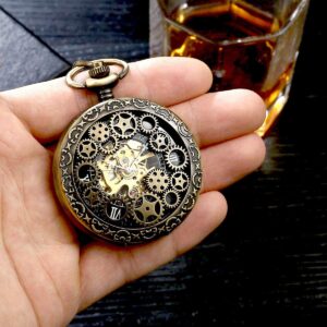 BOSHIYA Vintage Mechanical Pocket Watches for Men Steampunk Skeleton Pocket Watch with Chain Bronze Roman Numberals Pocketwatch Gifts for Fathers Day