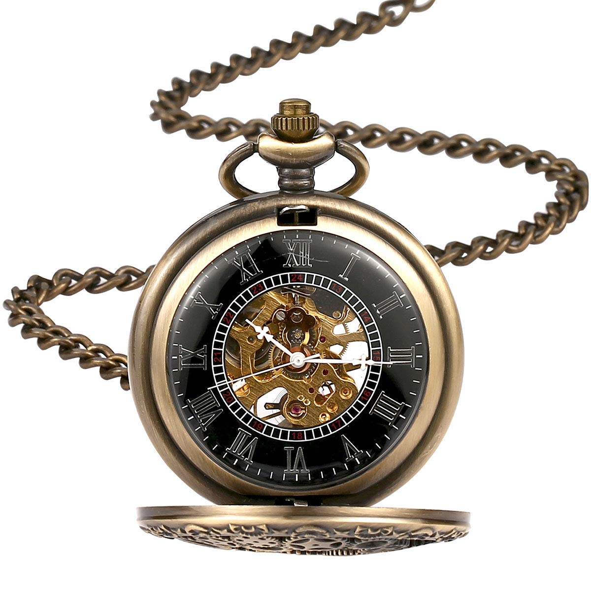 BOSHIYA Vintage Mechanical Pocket Watches for Men Steampunk Skeleton Pocket Watch with Chain Bronze Roman Numberals Pocketwatch Gifts for Fathers Day