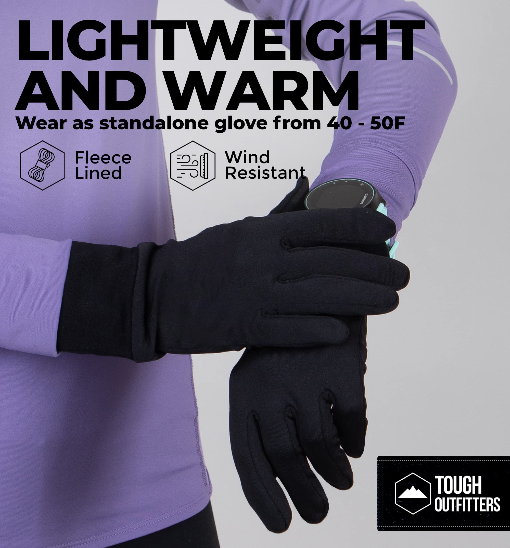 Tough Outdoors Touch Screen Running Gloves - Black Winter Glove Liners for Texting, Cycling, Exercise & Sports - Thin, Lightweight & Warm Cold Weather Thermal Gloves - Super Grippy Palm X-Large