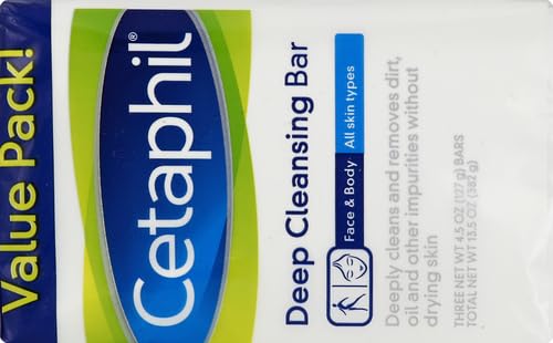 Cetaphil Bar Soap, Deep Cleansing Face and Body Bar, Pack of 3, For Dry to Normal, Sensitive Skin, Soap Free, Hypoallergenic, Paraben Free, Removes Makeup, Dirt and Oil