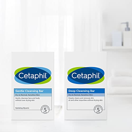 Cetaphil Bar Soap, Deep Cleansing Face and Body Bar, Pack of 3, For Dry to Normal, Sensitive Skin, Soap Free, Hypoallergenic, Paraben Free, Removes Makeup, Dirt and Oil