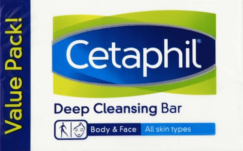 Cetaphil Bar Soap, Deep Cleansing Face and Body Bar, Pack of 3, For Dry to Normal, Sensitive Skin, Soap Free, Hypoallergenic, Paraben Free, Removes Makeup, Dirt and Oil