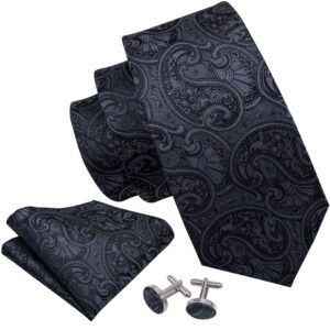 Barry.Wang Black Tie Pocket Suquare Set Cufflinks Formal Woven,Black,One Size