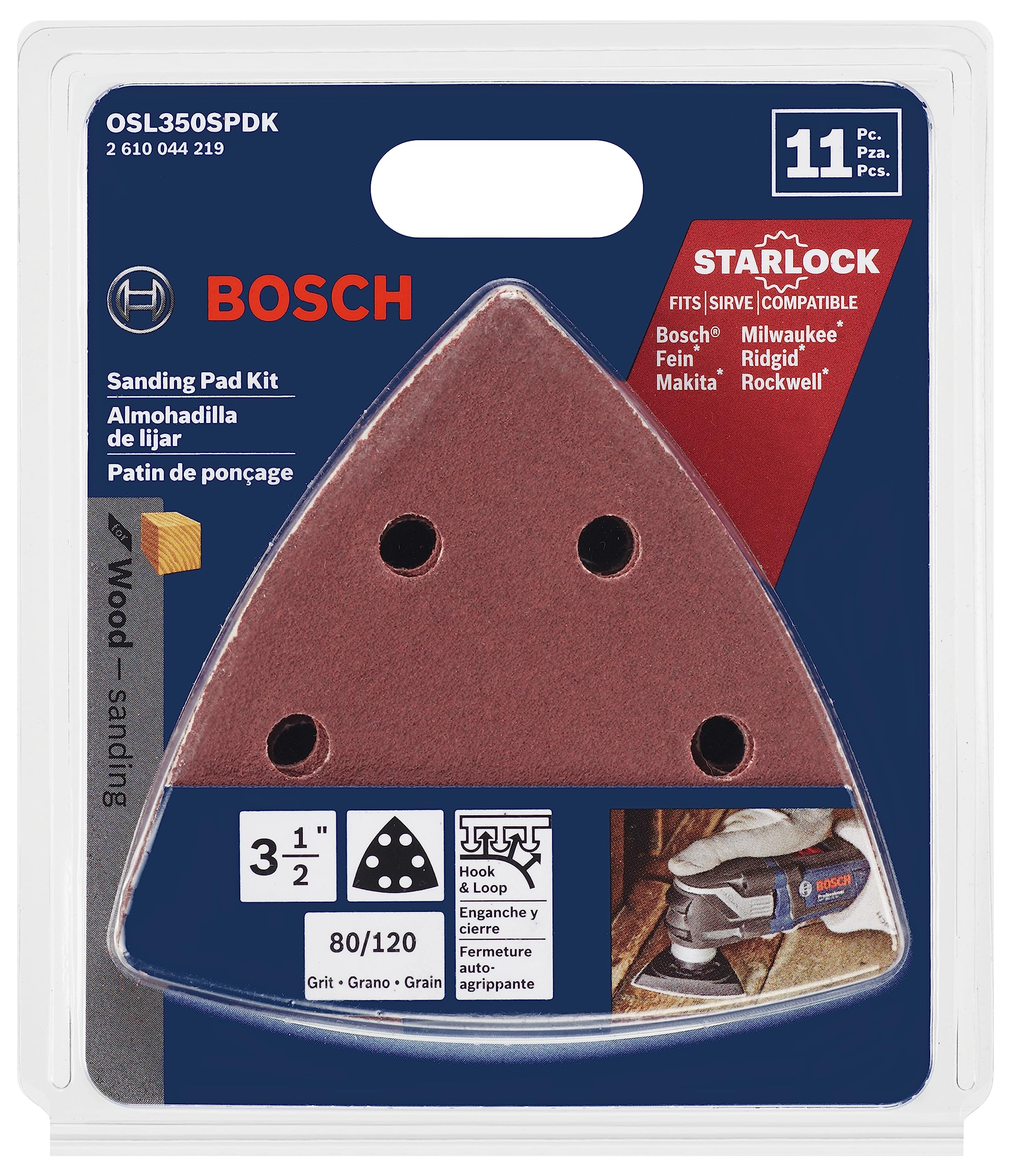 BOSCH OSL350SPDK 11-Piece 3-1/2 In. Starlock Oscillating Multi Tool 80 & 120 Grit Hook-and-Loop Delta Sanding Pad Assorted Kit for Multipurpose Sanding Applications in Plywood, Hardwoods, Softwoods