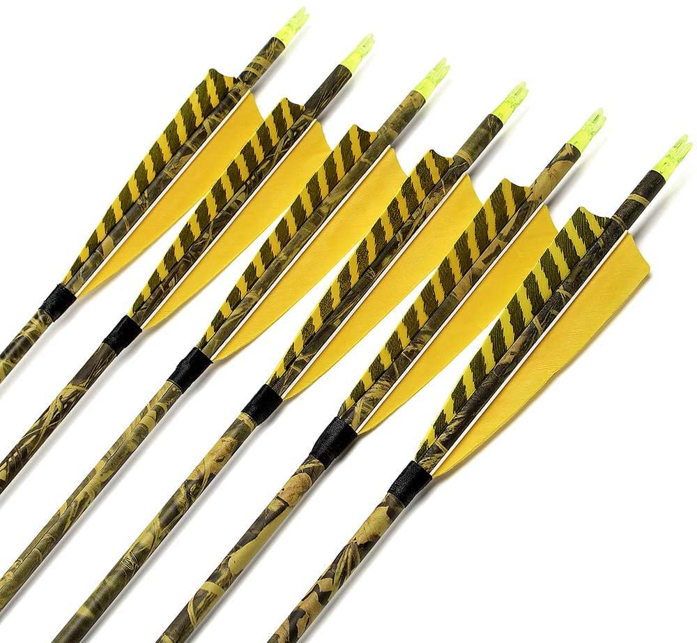 ARCHERY SHARLY 31Inch Carbon Arrow Practice Hunting Arrows for Recurve & Compound Bow with 5" Yellow Camo Turkey Feathers, Arrows with Removable Tips & replaceable nocks (Pack of 12)