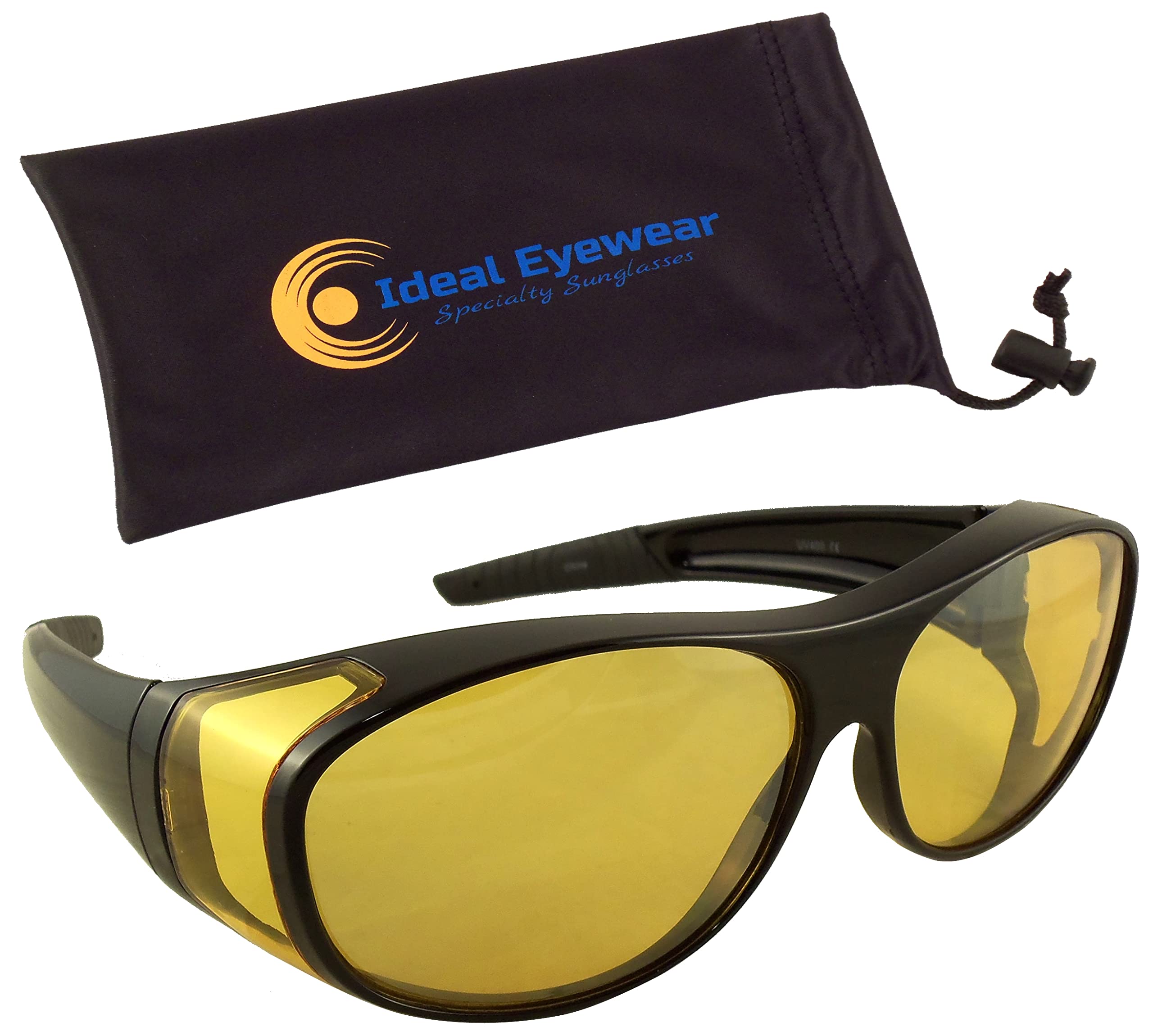 Ideal Eyewear Night Driving Wear Over Glasses Yellow Lens Fit Over Glasses (Black Frame with case, Medium)