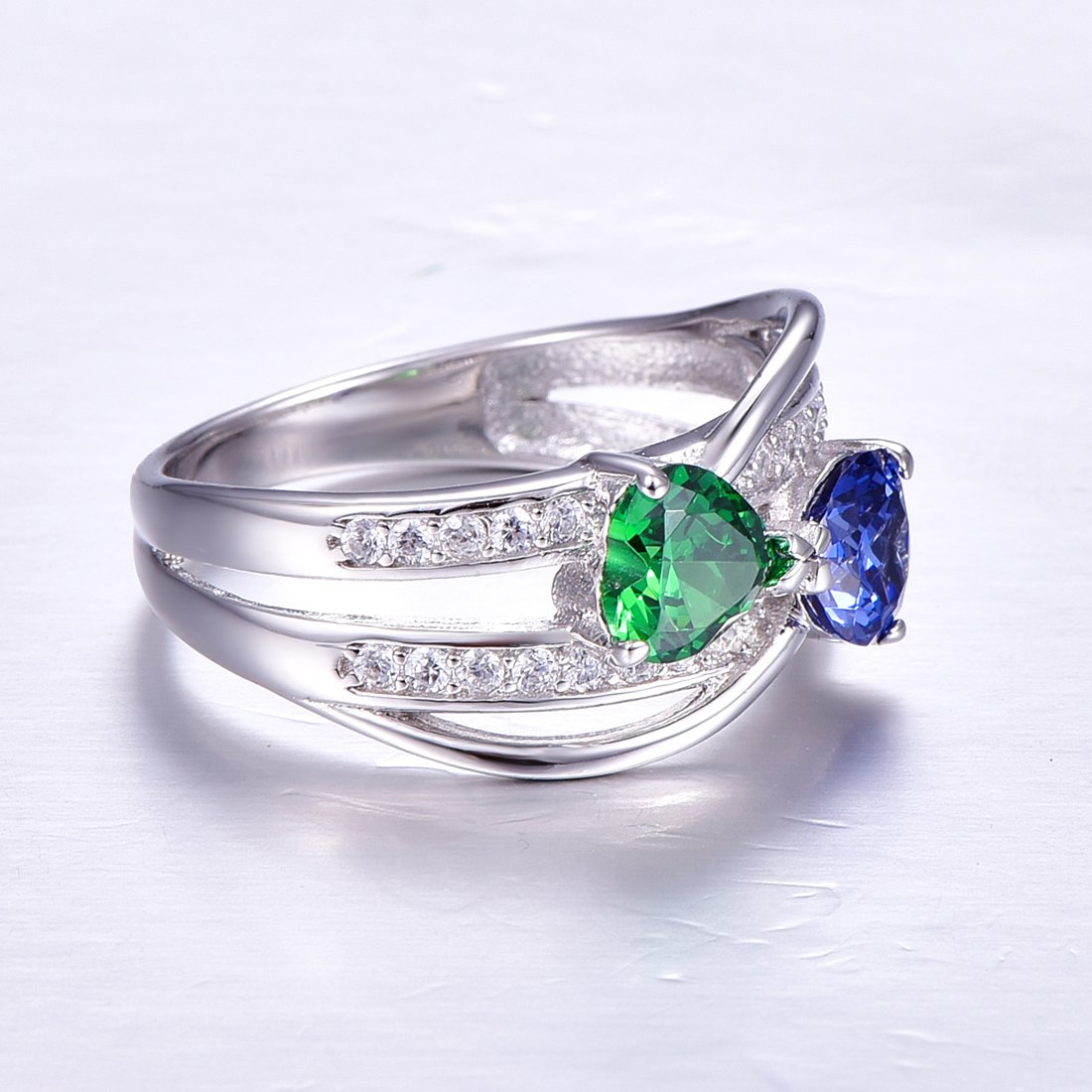 Merthus 6x6mm Heart Shape Simulated Emerald & Tanzanite 925 Sterling Silver Double Heart Promise Ring for Women Size 7