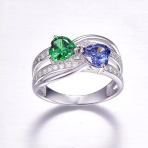 Merthus 6x6mm Heart Shape Simulated Emerald & Tanzanite 925 Sterling Silver Double Heart Promise Ring for Women Size 7