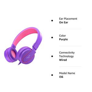 ELECDER i36 Kids Headphones Children Girls Boys Teens Foldable Adjustable On Ear Headphones 3.5mm Jack Compatible Cellphones Computer Kindle MP3/4 School Tablet Purple/Red