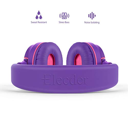 ELECDER i36 Kids Headphones Children Girls Boys Teens Foldable Adjustable On Ear Headphones 3.5mm Jack Compatible Cellphones Computer Kindle MP3/4 School Tablet Purple/Red