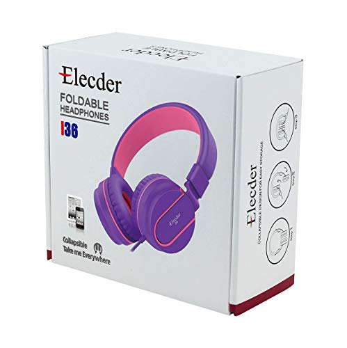 ELECDER i36 Kids Headphones Children Girls Boys Teens Foldable Adjustable On Ear Headphones 3.5mm Jack Compatible Cellphones Computer Kindle MP3/4 School Tablet Purple/Red