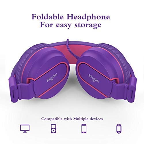 ELECDER i36 Kids Headphones Children Girls Boys Teens Foldable Adjustable On Ear Headphones 3.5mm Jack Compatible Cellphones Computer Kindle MP3/4 School Tablet Purple/Red