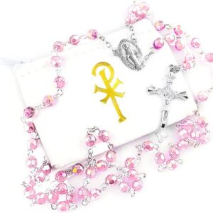 Catholic 6mm beads Woman or Girl Pink Pearl Rosary with White Vinyl Rosary Case with gold accent (Light Pink)