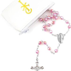 Catholic 6mm beads Woman or Girl Pink Pearl Rosary with White Vinyl Rosary Case with gold accent (Light Pink)