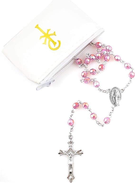 Catholic 6mm beads Woman or Girl Pink Pearl Rosary with White Vinyl Rosary Case with gold accent (Light Pink)