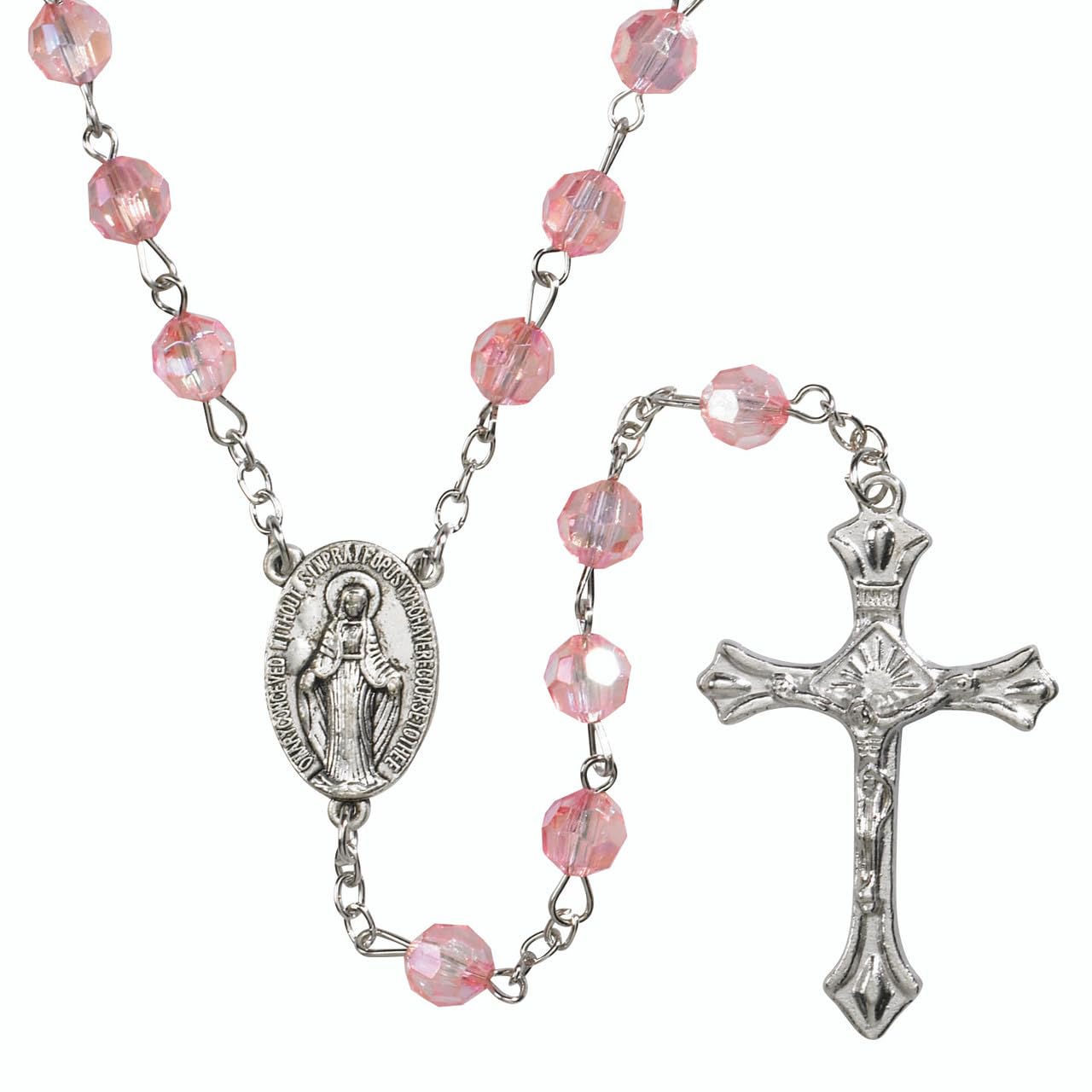 Catholic 6mm beads Woman or Girl Pink Pearl Rosary with White Vinyl Rosary Case with gold accent (Light Pink)