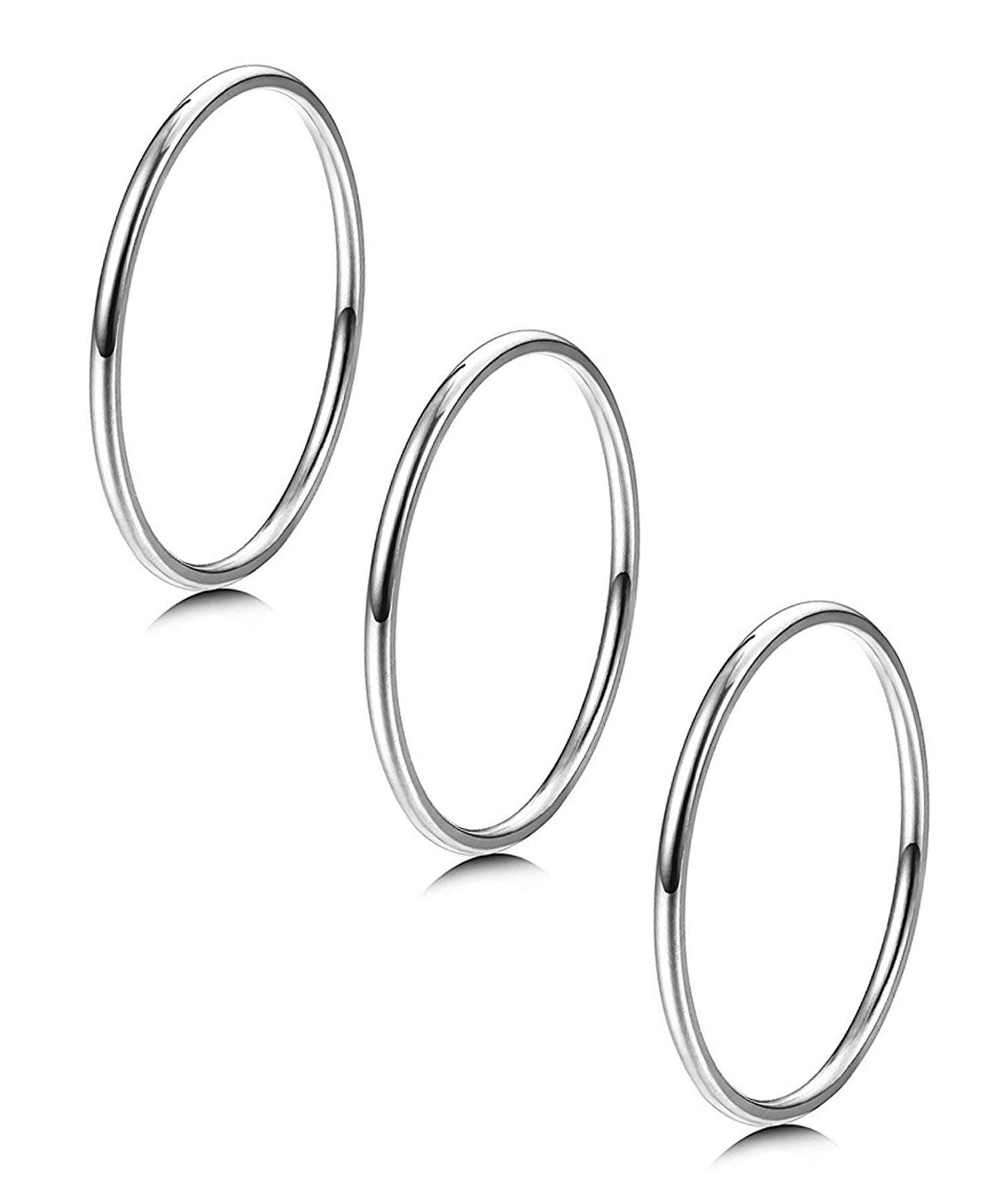 LOYALLOOK 3pcs 1mm Stainless Steel Women's Plain Band Knuckle Stacking Midi Rings Comfort Fit Silver Tone Size 9