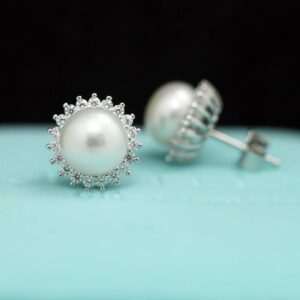 Sunshine 925 Sterling Silver Pearl Earrings Stud AAA Zirconia 9mm Freshwater Pearl Jewelry for women (Earrings)