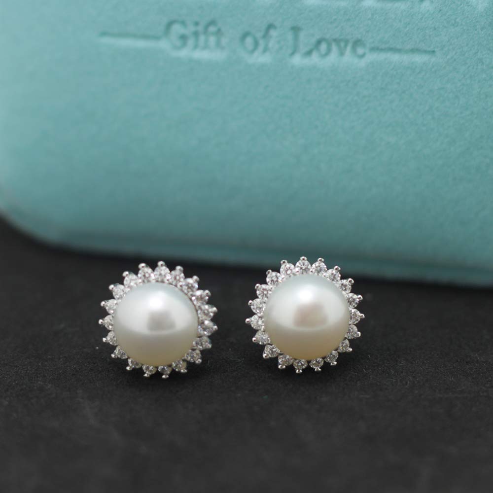 Sunshine 925 Sterling Silver Pearl Earrings Stud AAA Zirconia 9mm Freshwater Pearl Jewelry for women (Earrings)