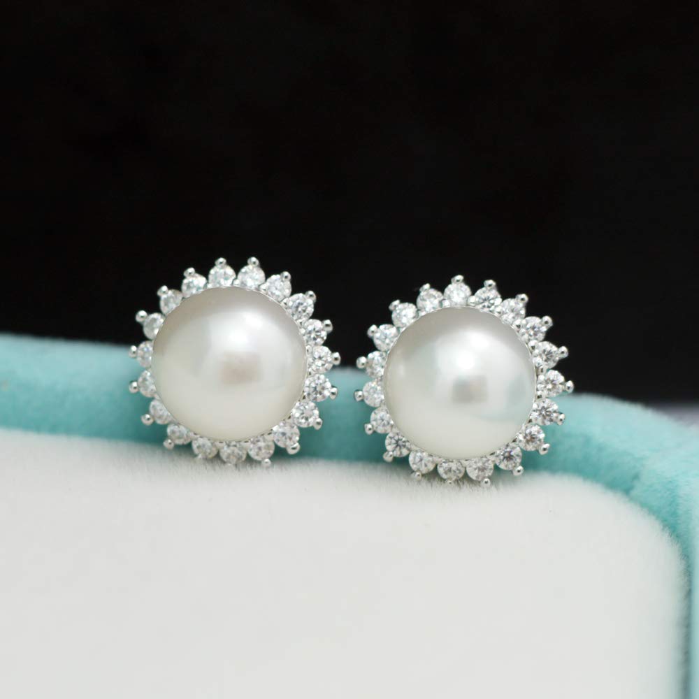 Sunshine 925 Sterling Silver Pearl Earrings Stud AAA Zirconia 9mm Freshwater Pearl Jewelry for women (Earrings)