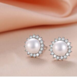 Sunshine 925 Sterling Silver Pearl Earrings Stud AAA Zirconia 9mm Freshwater Pearl Jewelry for women (Earrings)