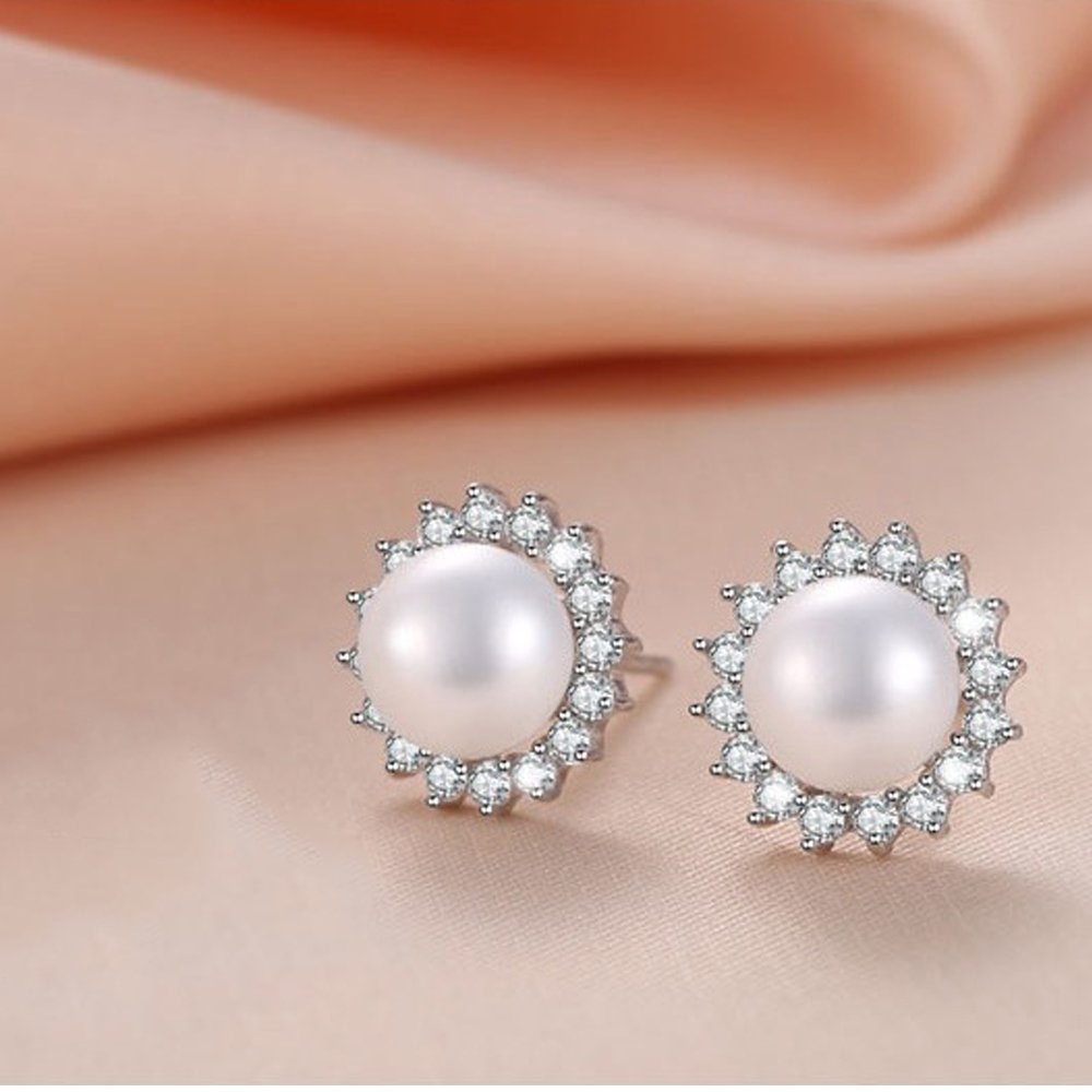 Sunshine 925 Sterling Silver Pearl Earrings Stud AAA Zirconia 9mm Freshwater Pearl Jewelry for women (Earrings)